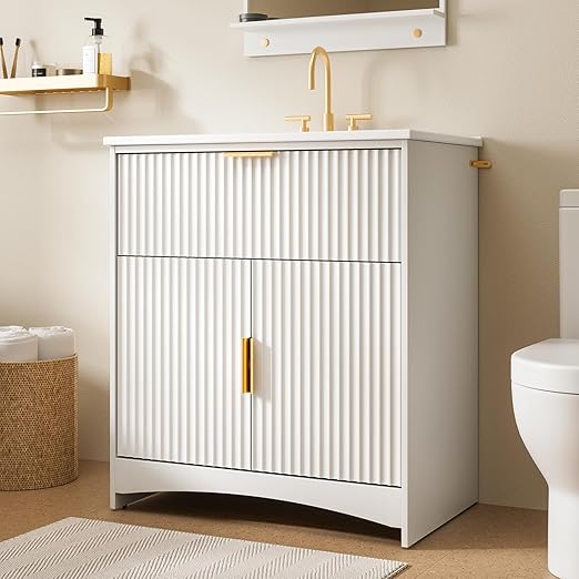 30-Inch Fluted Bathroom Vanity with Ceramic Sink and Storage Cabinet
