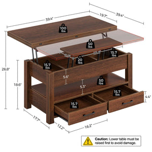 Split Lift-Top Coffee Table with Drawers & Hidden Storage