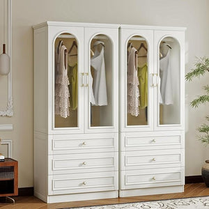 4-Door Solid Wood Armoire Wardrobe with Drawers & Hanging Rods