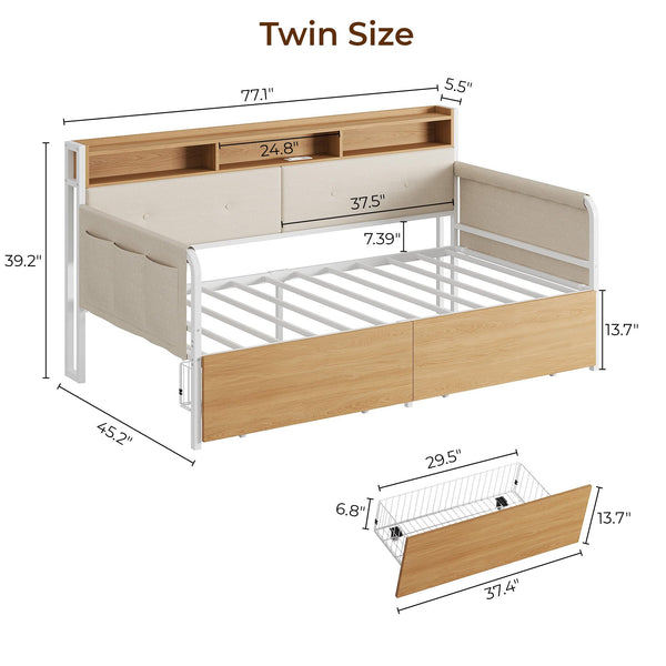 Twin Daybed with Storage Drawers, Upholstered Headboard & Charging Station
