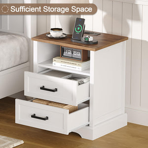 Farmhouse Nightstand Set of 2 with Charging Station & 2 Drawers