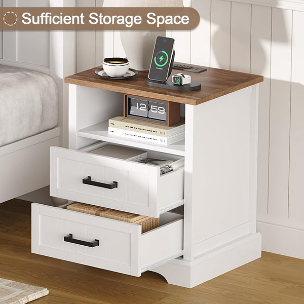 Farmhouse Nightstand Set of 2 with Charging Station & 2 Drawers