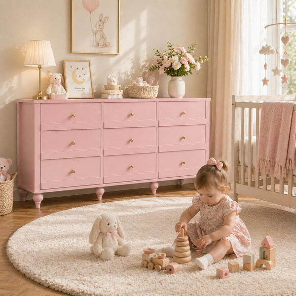 9 Drawer Dresser with Scalloped Design – Pink