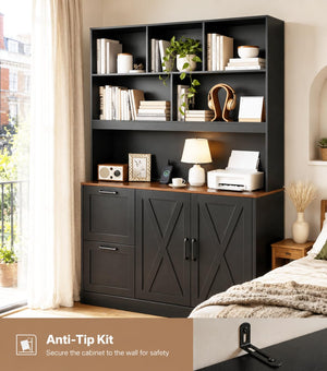 72" Tall Bookshelf with Power Outlet & File Cabinet