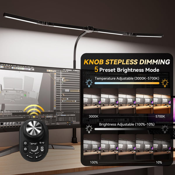 4-Head Adjustable LED Desk Lamp with Clamp & Remote Control