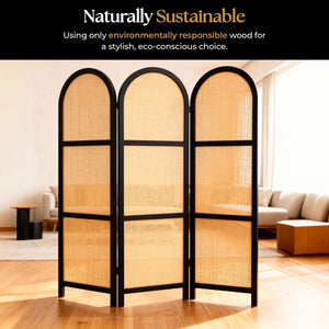 3-Panel Folding Room Divider | Wood & Rattan Privacy Screen