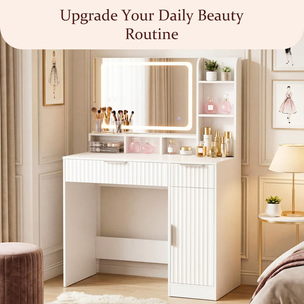 Fluted Makeup Vanity Desk with LED Mirror & Power Strip