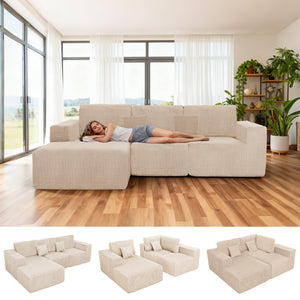 3-Piece Modular Sectional Sofa – Corduroy Cloud Couch with Deep Seating