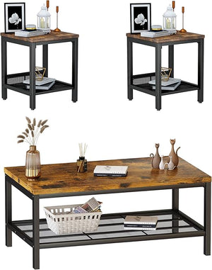 AWQM Coffee Table Set of 3, Industrial Coffee Table with 2 Square End Side Tables, Modern Living Room Table Set with Metal Frame for Apartment Home Office, Grey