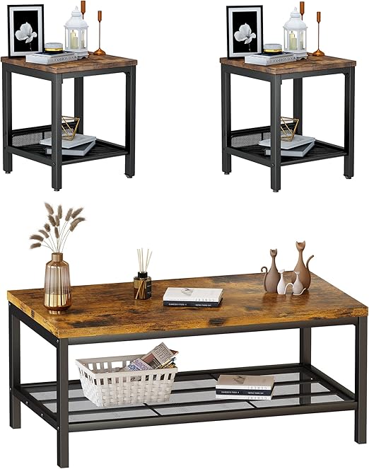 AWQM Coffee Table Set of 3, Industrial Coffee Table with 2 Square End Side Tables, Modern Living Room Table Set with Metal Frame for Apartment Home Office, Grey