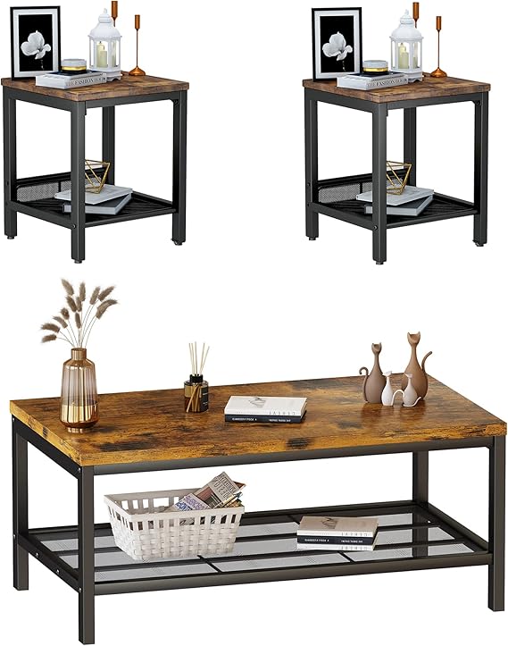 Industrial Coffee Table Set of 3 with 2 End Side Tables