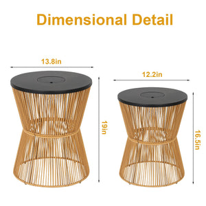 Solar Outdoor Side Table Set of 2 with Dimmable Light – Boho Rattan Patio End Tables