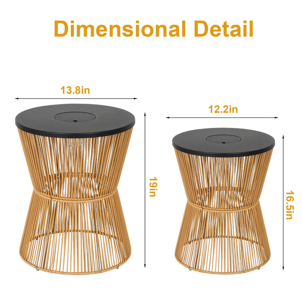 Solar Outdoor Side Table Set of 2 with Dimmable Light – Boho Rattan Patio End Tables