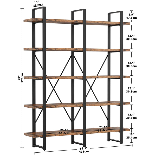 Industrial Double Wide 5-Tier Bookshelf – Wood & Metal