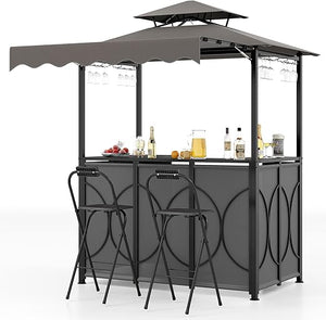 Outdoor Grill Gazebo Bar Set with Awning & 2 Foldable Bar Stools