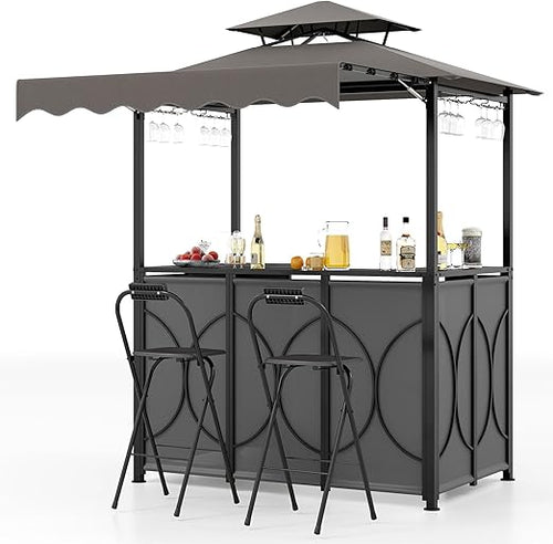 Outdoor Grill Gazebo Bar Set with Awning & 2 Foldable Bar Stools