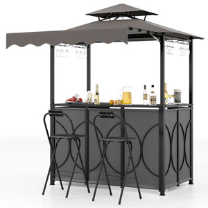 Outdoor Grill Gazebo Bar Set with Awning & 2 Foldable Bar Stools