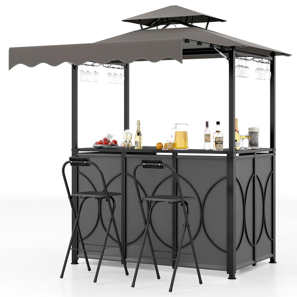 Outdoor Grill Gazebo Bar Set with Awning & 2 Foldable Bar Stools