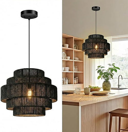 5-Tier Handwoven Rattan Pendant Chandelier 13" Boho Ceiling Light