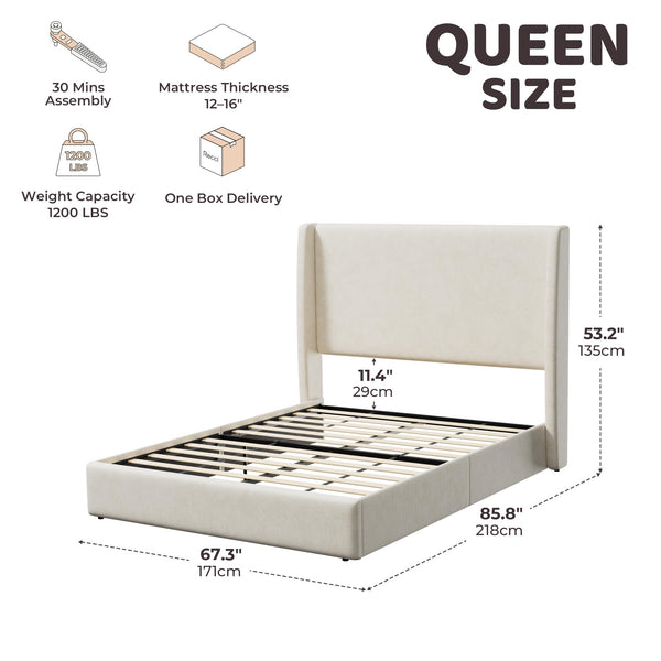 Queen/King Wingback Upholstered Platform Bed Frame