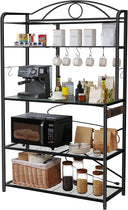 Large Bakers Rack for Kitchen, 40-inch Wide Coffee Bar Station with Power Outlet, 5 Tier Microwave Stand Storage Shelf with S-Shaped Hooks, Metal Frame with Brown Wood Tabletop