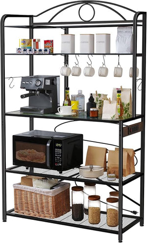 Large Bakers Rack for Kitchen, 40-inch Wide Coffee Bar Station with Power Outlet, 5 Tier Microwave Stand Storage Shelf with S-Shaped Hooks, Metal Frame with Brown Wood Tabletop
