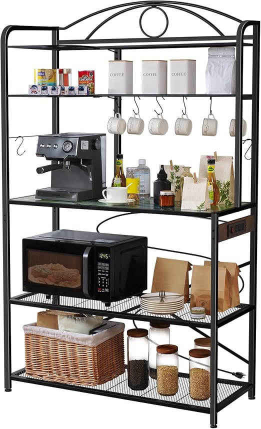 Large Bakers Rack for Kitchen, 40-inch Wide Coffee Bar Station with Power Outlet, 5 Tier Microwave Stand Storage Shelf with S-Shaped Hooks, Metal Frame with Brown Wood Tabletop