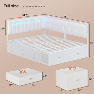 Full Corner Bed Frame with Storage Drawers, RGB Lights & L-Shaped Guardrail