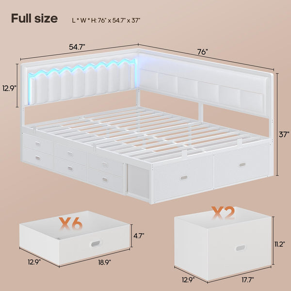 Full Corner Bed Frame with Storage Drawers, RGB Lights & L-Shaped Guardrail