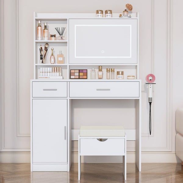 LED Vanity Desk with Mirror, Lights & Storage