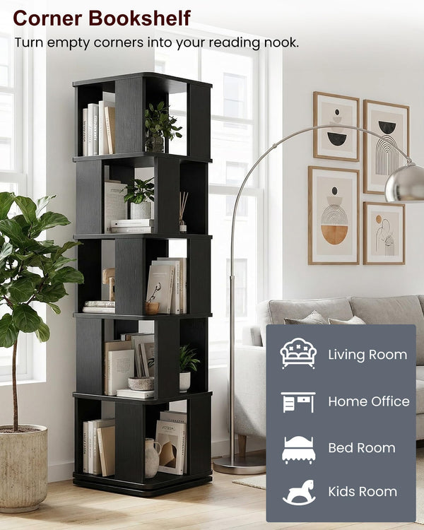5-Tier Rotating Bookshelf with 360° Swivel Base