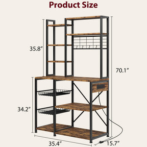 Baker's Rack with Power Outlet & Wire Basket, 7-Tier Kitchen Storage Shelf