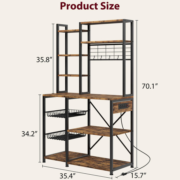 Baker's Rack with Power Outlet & Wire Basket, 7-Tier Kitchen Storage Shelf