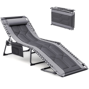 4-Fold Folding Outdoor Chaise Lounge Chair with Pillow & Side Pocket