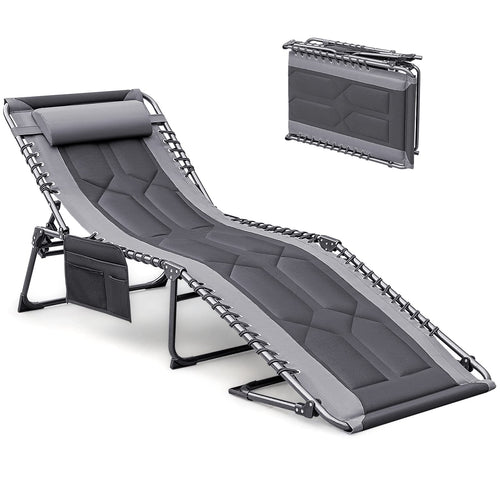 4-Fold Folding Outdoor Chaise Lounge Chair with Pillow & Side Pocket