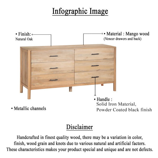 66-Inch Wide 6-Drawer Dresser – Natural Oak White Mango Wood