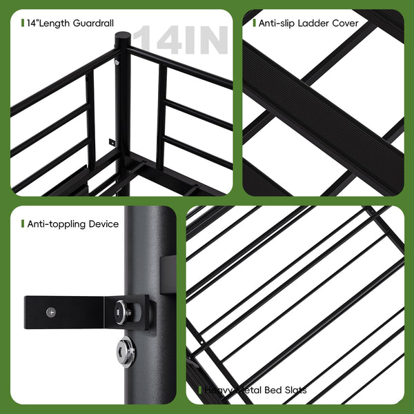 Twin Over Twin Metal Bunk Bed with USB Charging, LED Lights & Storage