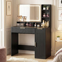 Fluted Makeup Vanity Desk with LED Mirror & Power Strip