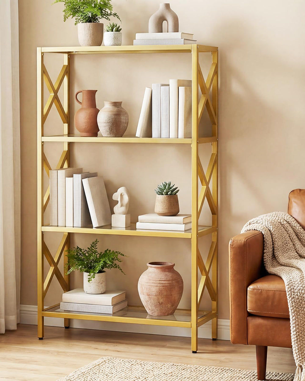 4-Tier Glass Bookshelf with LED Lights
