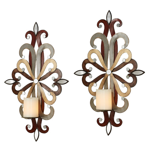 Wall Sconce Candle Holders Set of 2 – Metal Mirror Scrollwork