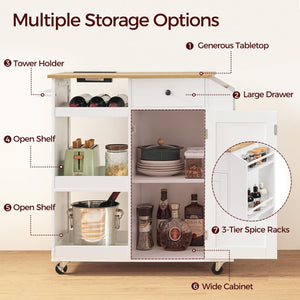 Rolling Kitchen Island Cart with Power Outlet, Drawer, Wine Rack & Spice Rack