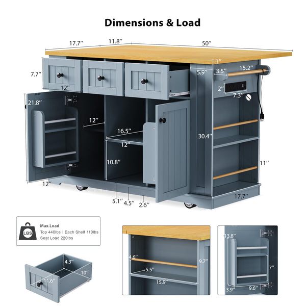 Rolling Kitchen Island with Drop Leaf & Power Outlet