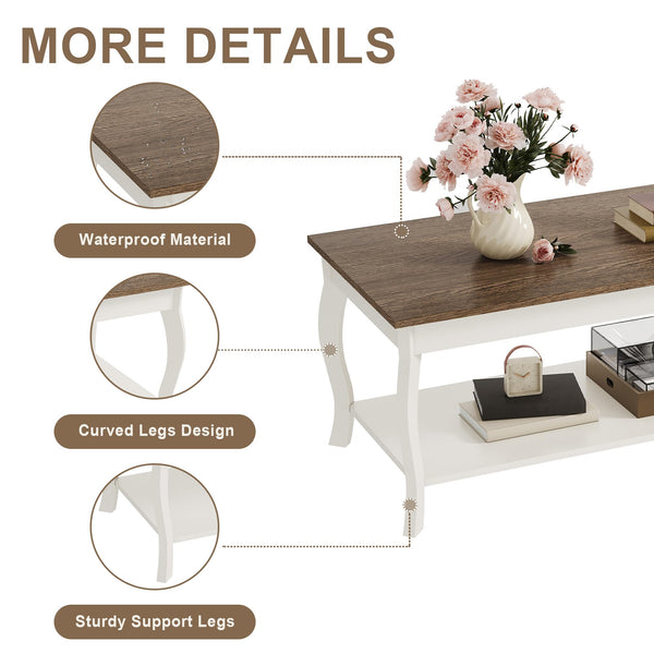 Rustic Coffee Table with Curved Legs & Storage Shelf