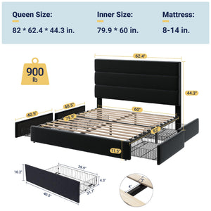 Queen Platform Bed Frame with Storage Drawers & Velvet Headboard