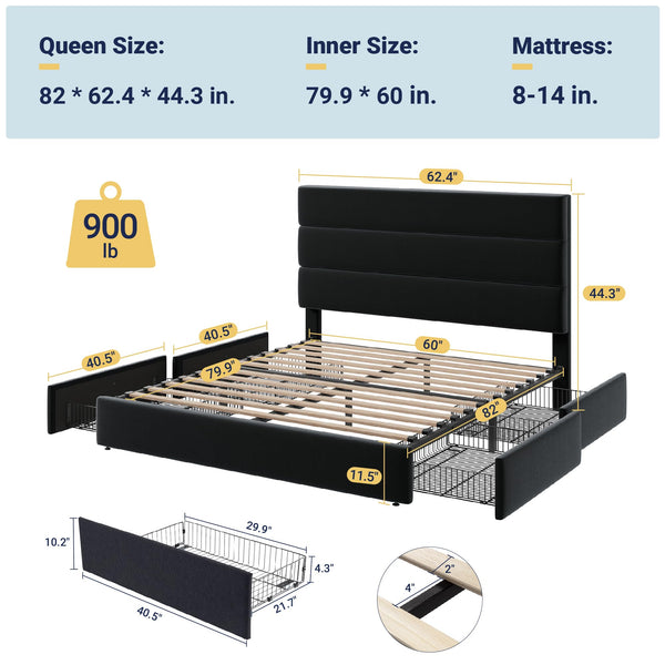 Queen Platform Bed Frame with Storage Drawers & Velvet Headboard