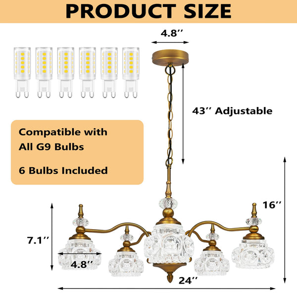 5-Light Vintage Brass Crystal Chandelier