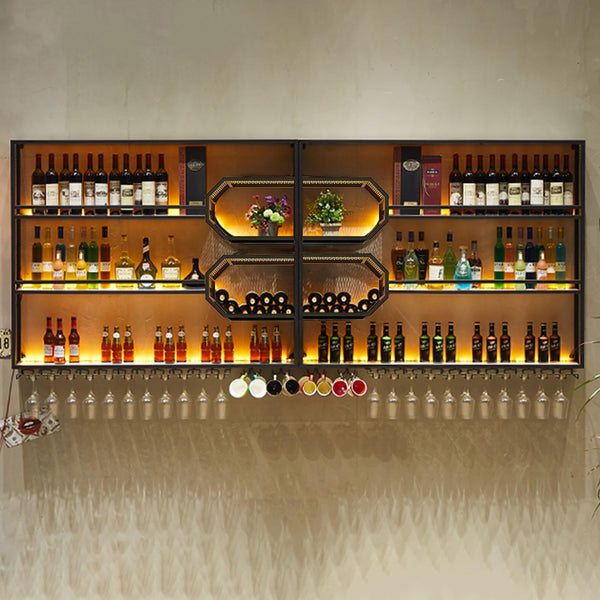 Wall Mounted Wine Rack with LED Light – 4-Tier Floating Bar Shelf