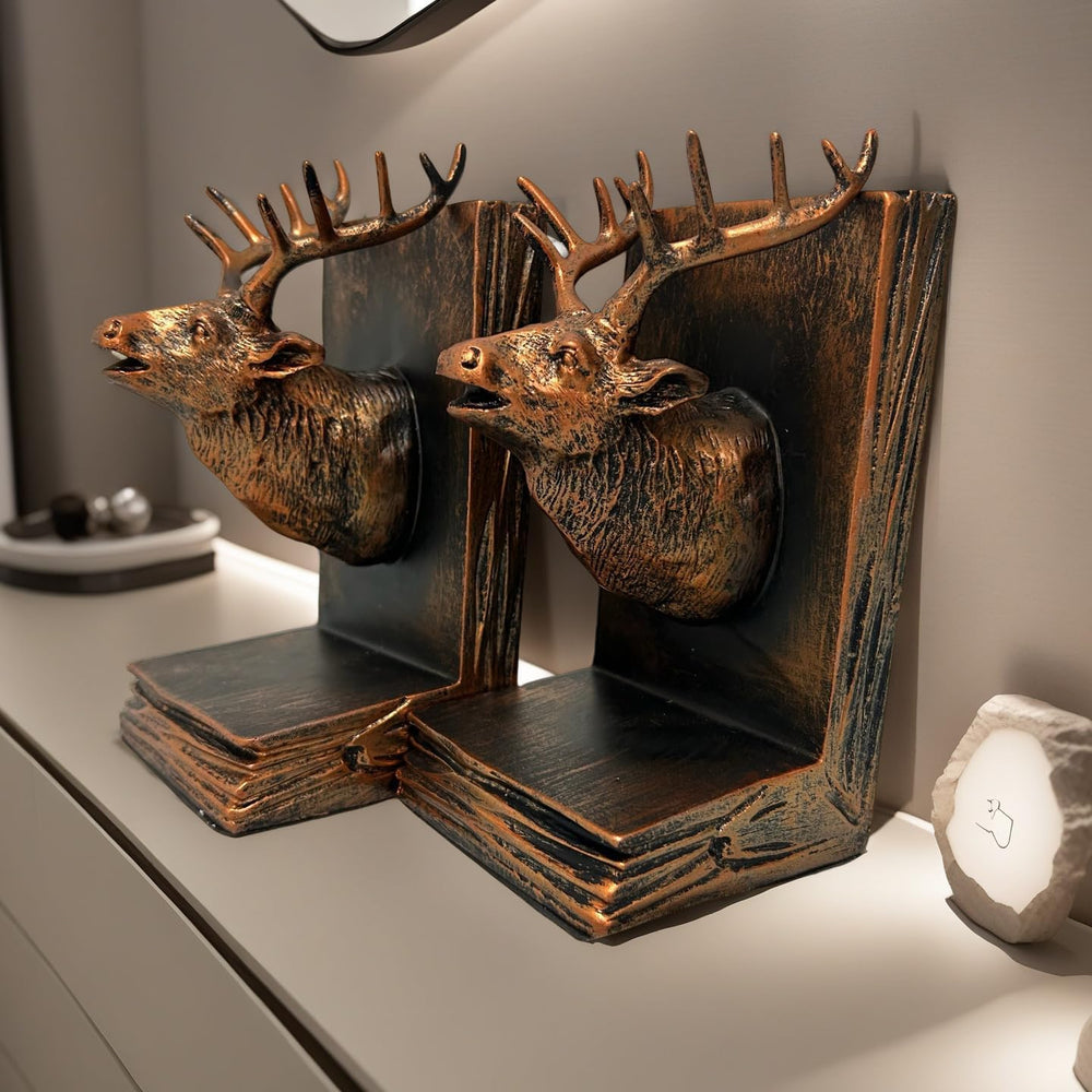 Deer Head Bookends Set – Antique Bronze Resin, Woodland Decor