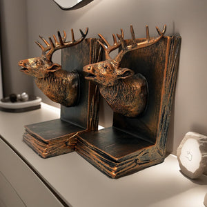 Deer Head Bookends Set – Antique Bronze Resin, Woodland Decor