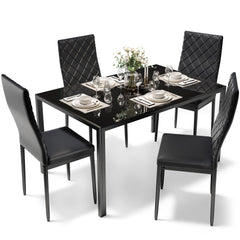 5-Piece Tempered Glass Dining Table Set with PU Leather Chairs